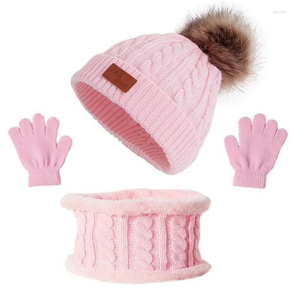 Bérets d'hiver bébé chapeau écharpe costume trois pièces laine tricoté enfants bonnet bonnet extérieur épais chaud pour filles garçon pompons tricot