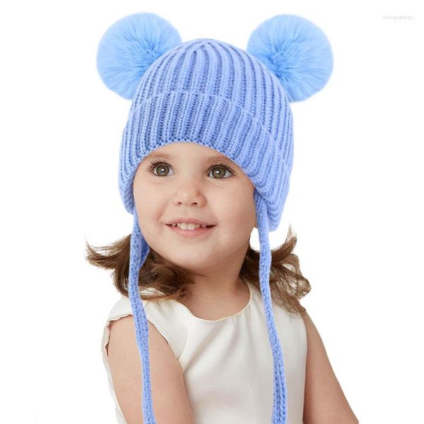 Berets Baby Baby Baby Treen avec Pom Double Pom Cap tricoté Enfants solides Chapeaux Hairball mignon Chaussure chaude Crochet Grorros