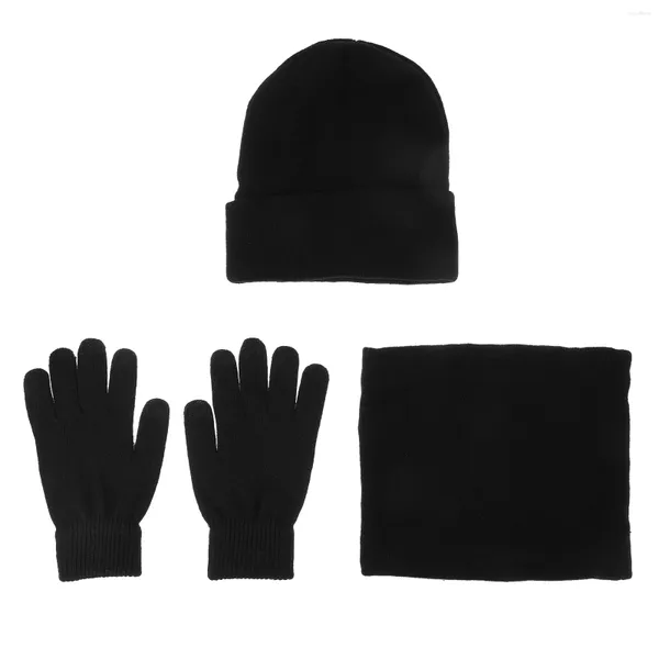 Bérets hiver bonnet ensemble double couche tricoté chapeau cou plus chaud gants doublés pour hommes femmes (noir)