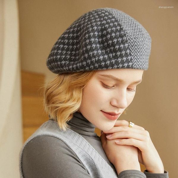 Boinas Sombrero de boina de invierno para mujer Gorro de otoño de Cachemira de cabra de punto plano para mujer