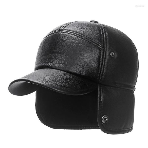 Bérets hiver Bomber chapeau hommes femmes russe noir cuir Ushanka casquette avec oreillettes fourrure chaud marque casquettes de Baseball