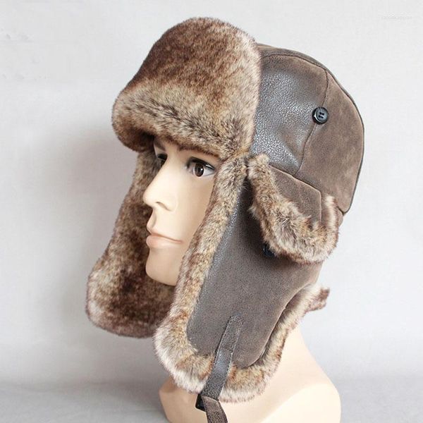 Boinas Invierno Bomber Sombreros Hombres Mujer Hombre Cálido A prueba de viento Ushanka Cap con orejera para mujeres Pu Cuero Piel Ruso Trampero Orejera Sombrero