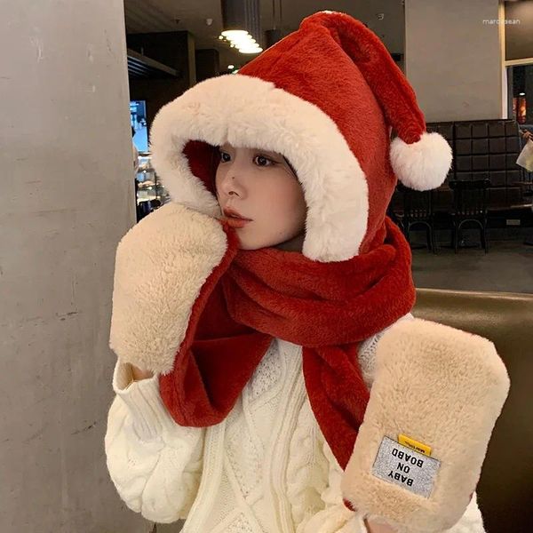 Bérets Chapeaux de bombardier d'hiver pour femmes, chapeau de noël, ensemble d'écharpe rouge, gants épais en peluche, trois pièces coupe-vent, un assistant