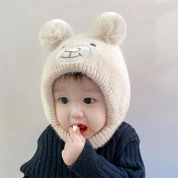 Bérets hiver dessin animé bébé bonnet bonnet avec pompon enfants protection de l'oreille chapeaux écharpe ours mignon tricoté chapeau cou couverture enfant en bas âge bonnet