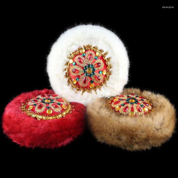 Bérets d'hiver chinois Xinjiang ouïgour danse chapeau pour femmes adulte haut style folklorique casquette scène performance strass chapeaux de fourrure dames