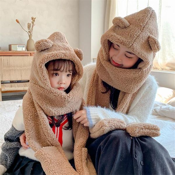 Boinas invierno lindo oso oreja sombrero bufanda guantes conjunto para mujeres niños novedad gorras cálidos sombreros de felpa casual sólido polar chica kawaii