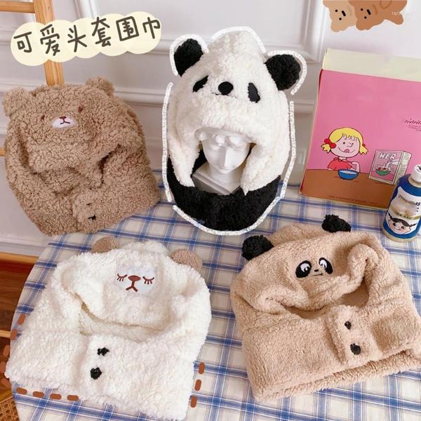 Bérets d'hiver en peluche d'animaux de dessin animé, bonnets d'oreilles en peluche, ensemble d'écharpes épaisses et chaudes, chapeaux d'agneau Panda pour femmes et filles, cadeau pour enfants