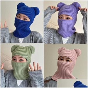 Bérets Hiver Mignon Drôle Tricot Clava Avec Oreilles D'ours Femmes Chaud Fl Visage Er Ski Masque Chapeau Hommes En Plein Air Coupe-Vent Bonnets Drop Del Dhgarden Dh7Xr