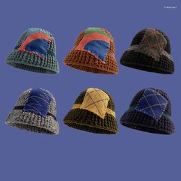 Berets Winter Designer japanische Vintage Kontrast Aufkleber handgemachte gestrickte Eimer Hut für Frauen lässige Mützen Skullies