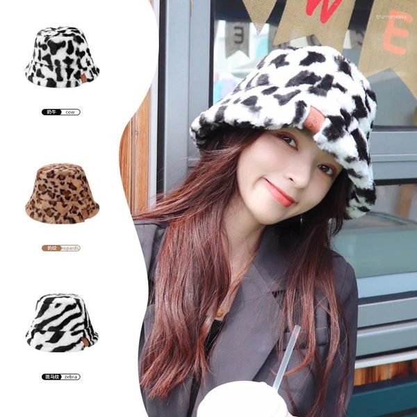 Boinas Moda de invierno Mullido Estampado de leopardo Sombrero de ala ancha para mujer Venta al por mayor Cómodo Cálido al aire libre Tendencia Sombrero de pescador