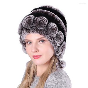 Baretten Winter Mode Dames Dame Warme Bloemen Gestreepte Echte Bontmuts Caps Breien Vrouwelijke Sneeuw