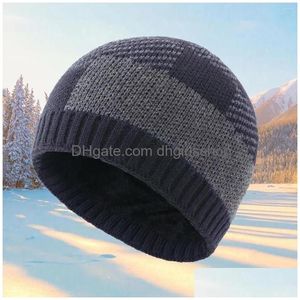 Bérets d'hiver polaire chapeau chaud plaid bonnet tricoté pour hommes femmes oreille épaissie livraison directe en plein air Dhknh
