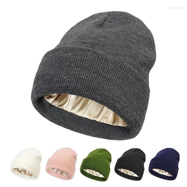 Boinas Sombreros de invierno para mujer Seda Satén Forrado Gorros Gorros gruesos Hombres Cálido Moda Bonnet Skullies Hombre Mujer Pasamontañas