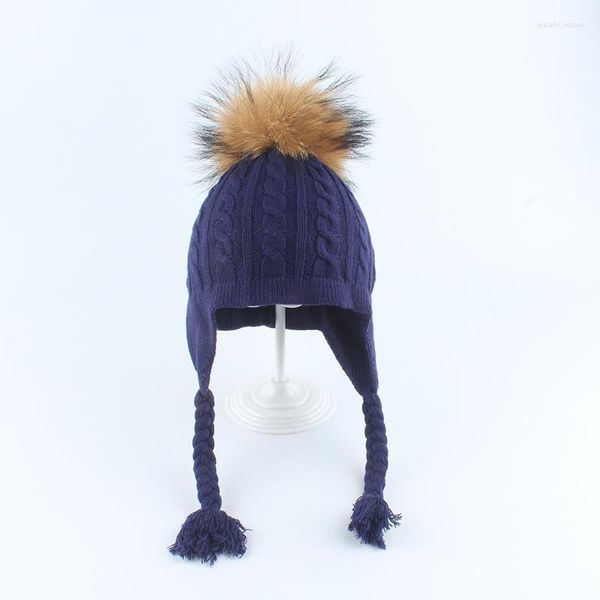 Boinas sombrero de invierno niño niña niño Angora otoño orejeras gorro de piel de mapache Real pompón cálido nieve al aire libre esquí accesorio para bebé