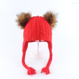 Berets Winter Hat Kid Girl Boy Angora Earflap Beanie Autumn Double Real Raccoon Fur Pompom Warm Snow Outdoor Skiing Accessory For Baby