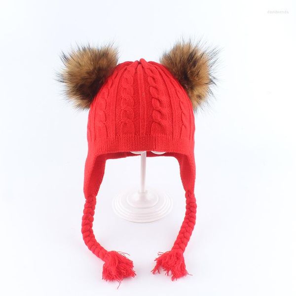 Boinas sombrero de invierno niño niña niño Angora orejera Beanie otoño doble piel de mapache Real pompón cálido nieve al aire libre esquí accesorio para bebé