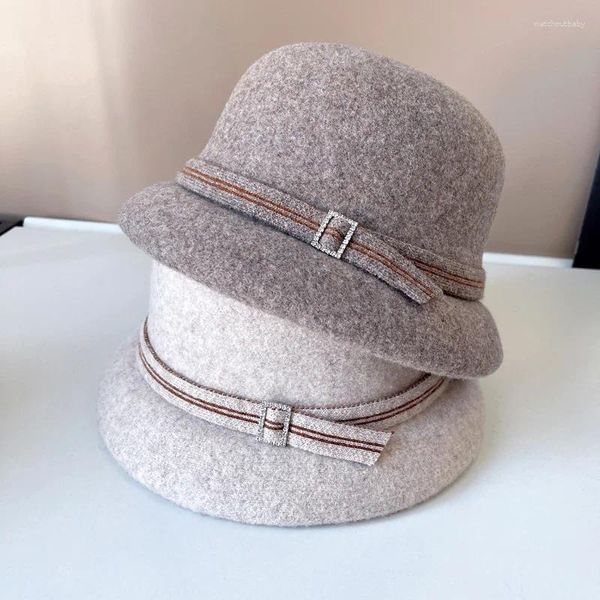 Boinas Sombrero de invierno Sombreros de cubo de lana para mujeres Francés Elegante Lavabo Rizado Lana cálida Gorras de pescador plegables