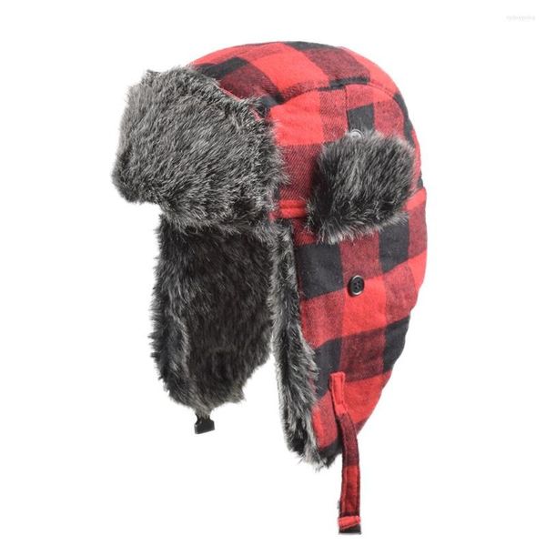 Bérets chapeaux d'hiver pour fourrure rouge chaud oreillette casquette coupe-vent femmes plus épais Plaid hommes Bomber chapeau russe Ushanka noir