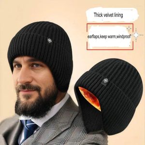 Bérets chapeaux d'hiver pour les hommes chauds épais velours doublure tricot papa oreilles chape