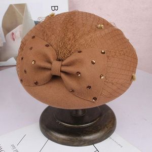 Bérets chapeaux d'hiver pour femmes élégant tempérament laine feutre chapeau rétro maille nœud Sequin béret automne garder au chaud noir Fedoras casquette