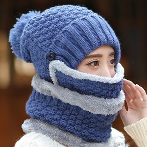 Beretten Winterhoeden voor vrouwen met ademhalingsmasker 2in1 gebreide hoed meisje pompoms warm toevoegen bont bont beschermende hatberetten