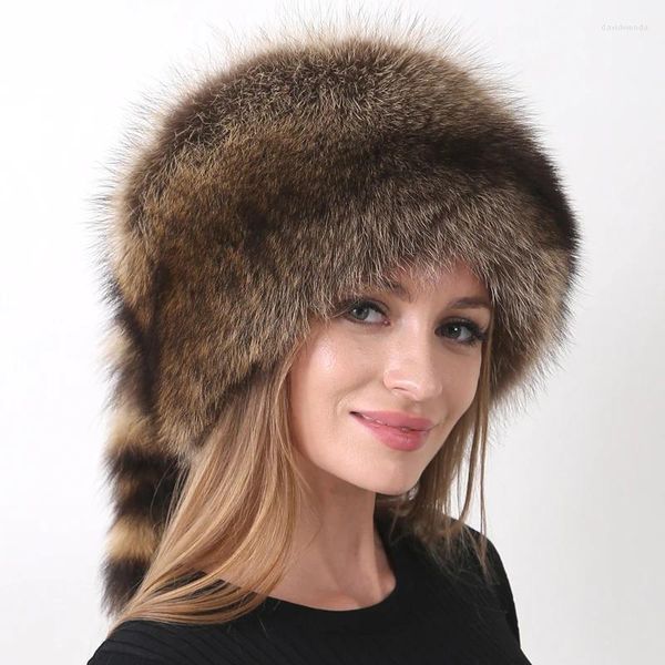 Bérets chapeaux d'hiver pour femmes avec queue, fourrure de raton laveur naturelle moelleuse, chapeau rond de neige confortable pour l'extérieur