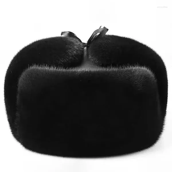 Bérets hiver imitation vison peluche russe casquette chaude fausse fourrure hommes bombardier chapeau noir casquettes décontractées en cuir oreillette hommes