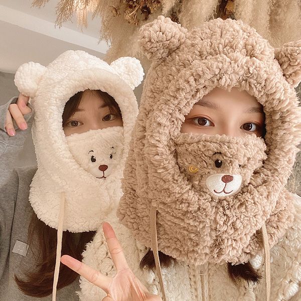 Boinas invierno japonés lindo cartoon oso gorra de orejas para mujer Lamb de felpa Protección de espesas cálidas con máscara para niñas Bereberes
