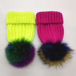 Boinas de invierno para chico y niña, Gorros de punto con pompón de piel auténtica gruesa, gorro de Skullies para mujer, Gorro de esquí cálido rizado para mujer, gorro Gorros