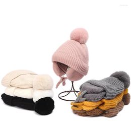 Bérets hiver enfants chapeau avec rabat d'oreille en peluche tricot épais bonnet bonnet côtelé Pom doublé chaud cadeau pour l'année de noël LB