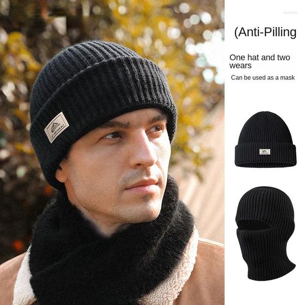 Bérets Chapeau tricoté d'hiver pour hommes Coupe-vent Protection d'oreille Grosse tête autour de l'automne et Masque chaud froid Double usage