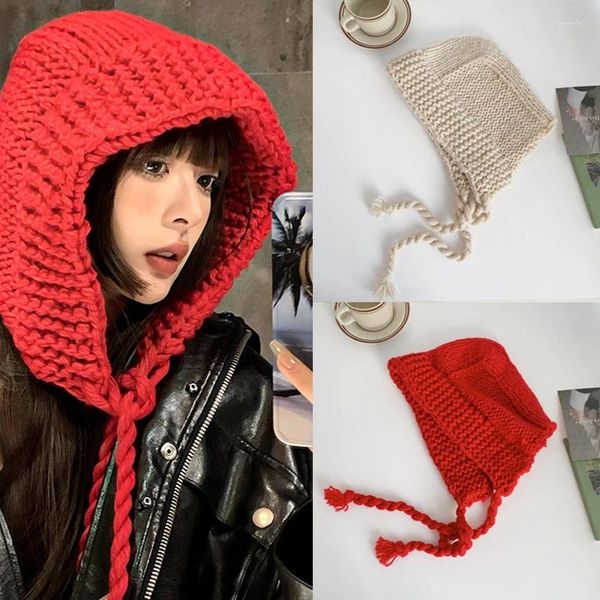 Boinas Invierno Coreano Sombrero de lana de punto Gorro con diadema para mujer Moda casual Espesado Cálido Sombreros resistentes al frío Cabeza grande Juventud