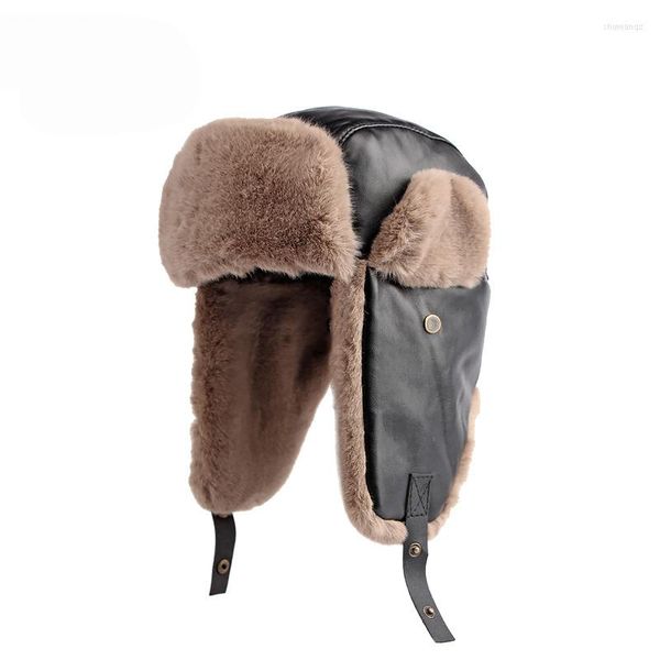 Boinas Invierno Hombres PU Natural Rex Piel Bomber Sombreros Frío Ruso Mujeres Cálido Real Piel de oveja Sombrero de cuero Gorras masculinas