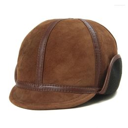 Bérets d'hiver en cuir souple pour hommes, chapeau de bombardier chaud à bord court, casquettes de fourrure en daim légères avec cache-oreilles doublées coupe-vent, chapeau de melon