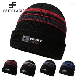 Berets Winter Männer Beanies Samt Futter Warme Männliche Gestrickte Hut Mode Streifen Häkeln Motorhaube Dicke Plüsch Outdoor Ski Skullies Kappe gorras