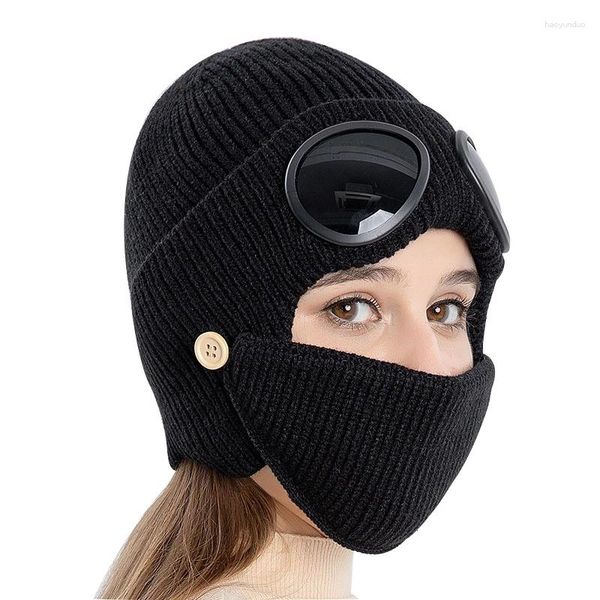 Bérets hiver hommes oreillettes bonnet chapeau avec lunettes casquette tricoté femmes adulte unisexe décontracté dames extérieur montre bonnet