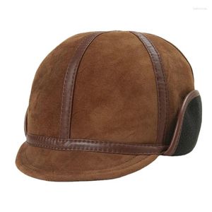 Bérets d'hiver en cuir souple pour hommes, chapeau de bombardier chaud à bord court, casquettes de fourrure en daim légères avec cache-oreilles doublées coupe-vent, chapeau de melon