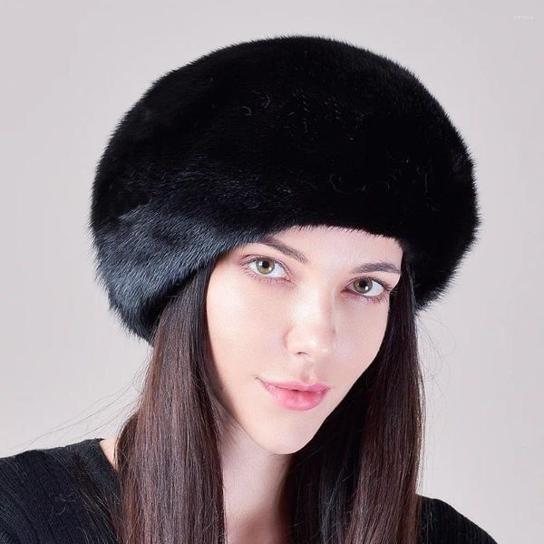 Bérets Chapeau de vison d'hiver russe blanc noir femme chaude béret entier mode fourrure simple et polyvalente