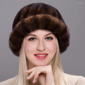 Bérets d'hiver vison véritable chapeau de fourrure femme peau haut mode épaissie baie ronde