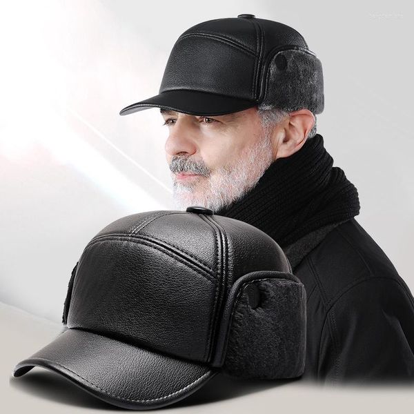 Bérets hiver vieux hommes Bomber chapeaux Faux cuir Plus velours épaissie casquette de Baseball d'âge moyen papa chapeau garder au chaud avec rabat d'oreille