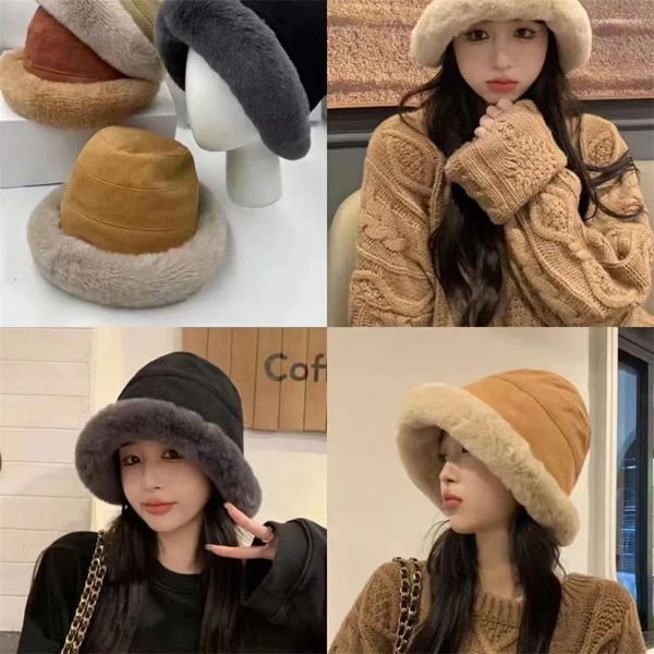 Boinas invierno más terciopelo pelo de cordero sombrero de cubo femenino tiro callejero casual ala ancha olla de felpa cálida para celebridades de Internet