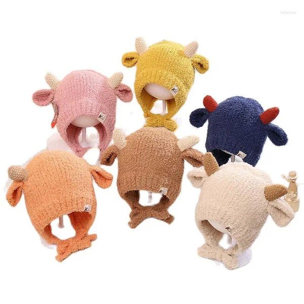 Bérets hiver peluche bébé chapeau mignon agneau double corne protection des oreilles garçons et filles sangle pull enfants bonnet