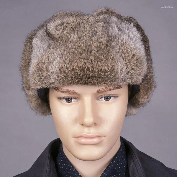 Bérets d'hiver véritable chapeau de bombardier de fourrure à la main hommes en plein air super chaud naturel pleine peau casquette russe R2