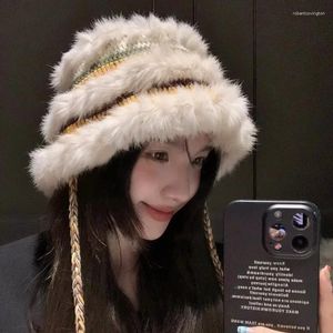 Berets Winter Real Fur Crochet Breat Bucket Hats For Women Korean Fashion Luxury Furry Fisherman Hat Foldable Beanie Bob