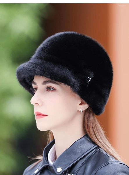 Bérets hiver véritable chapeau de fourrure femmes vison seau casquette de ski chapeaux noir marron vin rouge
