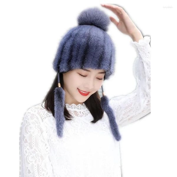 Boinas Sombreros reales de invierno para mujeres Gorros de protección de orejas con pompón genuino Gorros cálidos Gorro ruso