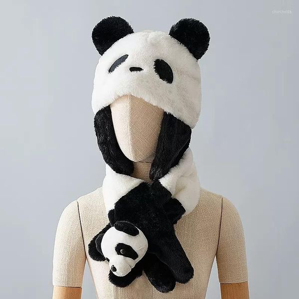 Bérets d'hiver épais et chauds, chapeaux de bombardier, mignon Panda noir et blanc, ensemble écharpe, cyclisme en plein air, coupe-vent, 56-58cm