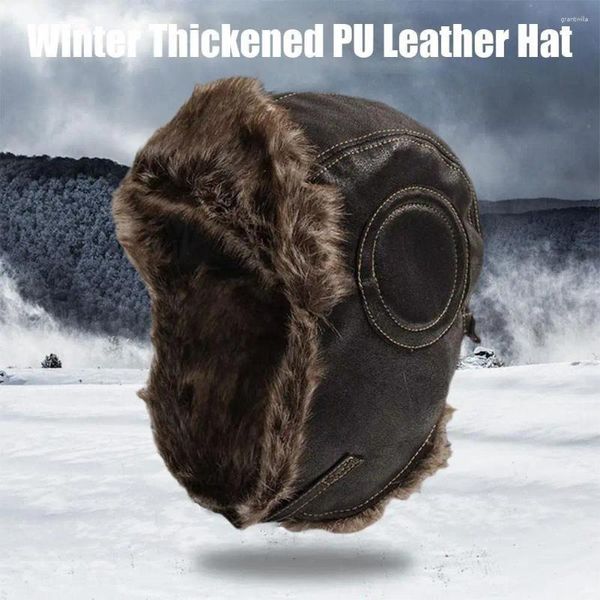 Bérets hiver épaissis du chapeau de cuir PU chauds Pilot Russian Lei Feng pour hommes et femmes Moto-parc à vélo de ski Cap