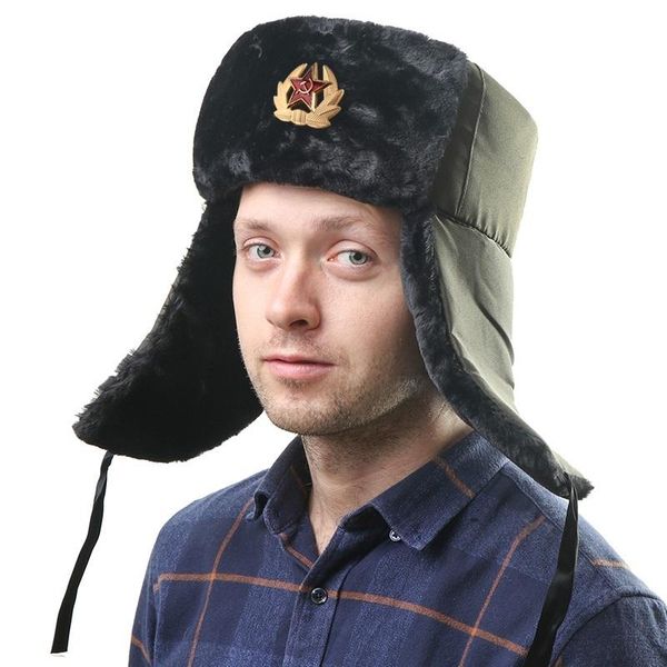 Boinas de invierno más gruesas de piel sintética con orejeras para hombres, insignia militar del ejército soviético, sombrero ruso Ushanka, bombardero cálido, gorros de nieve