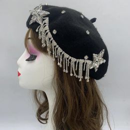 Boinas Invierno Diseñador único para mujeres Lujo Rhinestone Ramo Turbante Cap Exagerado Pintor Sombrero Mujer Lana ajustable